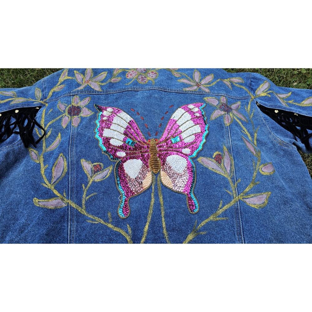 Vintage 90s Blue Creek Denim Patchwork Leather Jacket Fringe Sequin Butterfly XL